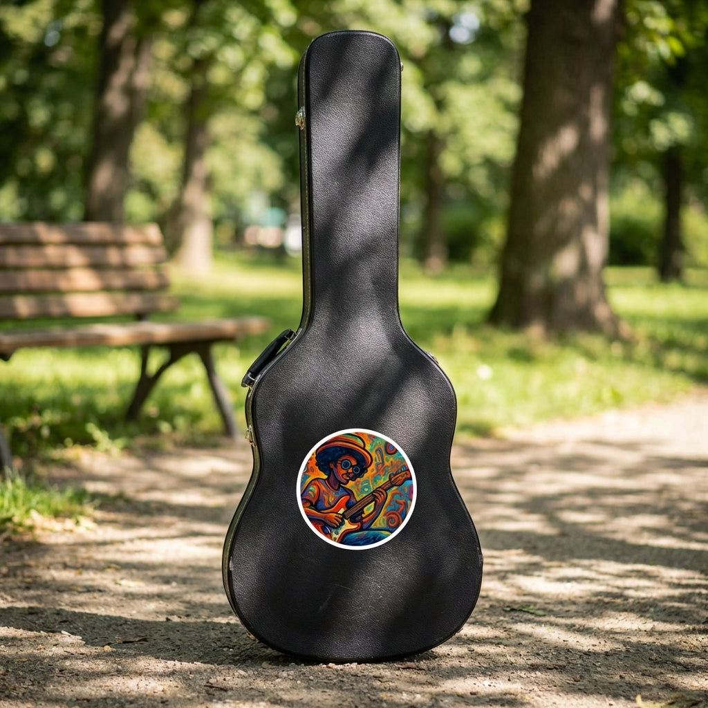 Full-body view of colorful funk guitarist sticker on a modern guitar case outdoors, showcasing vibrant colors and detailed design.