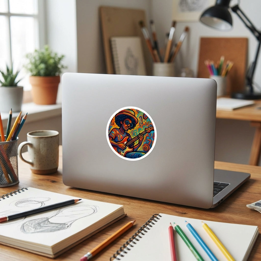 Stylized scene of vibrant sticker on laptop in artsy workspace, highlighting intricate design, glossy finish, durable vinyl.