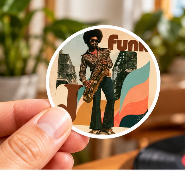 Funky Sax Retro Round Sticker – Vintage 70s Music Vibe