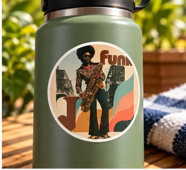 Funky Sax Retro Round Sticker – Vintage 70s Music Vibe