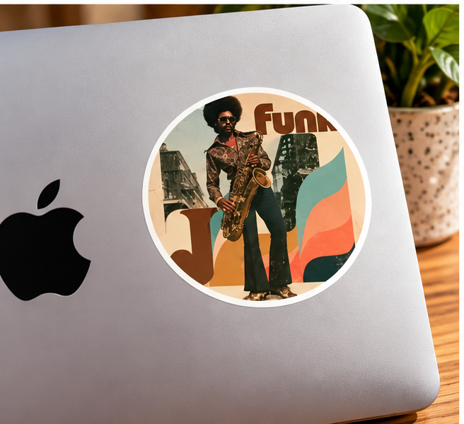 Funky Sax Retro Round Sticker – Vintage 70s Music Vibe