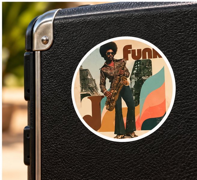 Funky Sax Retro Round Sticker – Vintage 70s Music Vibe