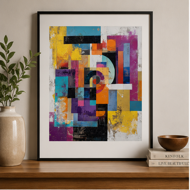 Abstract Geometric Colorblock Poster Matte Vertical Wall Art Teal Mustard Magenta Charcoal Mid Century Modern