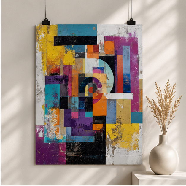 Abstract Geometric Colorblock Poster Matte Vertical Wall Art Teal Mustard Magenta Charcoal Mid Century Modern