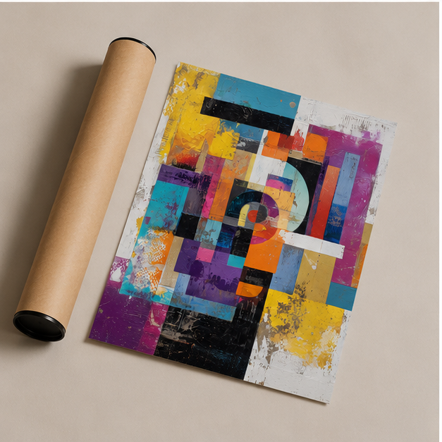 Abstract Geometric Colorblock Poster Matte Vertical Wall Art Teal Mustard Magenta Charcoal Mid Century Modern