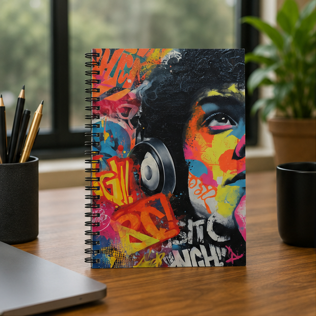 Graffiti Portrait Spiral Notebook Colorful Urban Music Journal With Headphones Cover