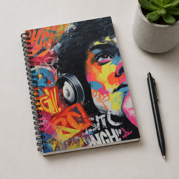 Graffiti Portrait Spiral Notebook Colorful Urban Music Journal With Headphones Cover