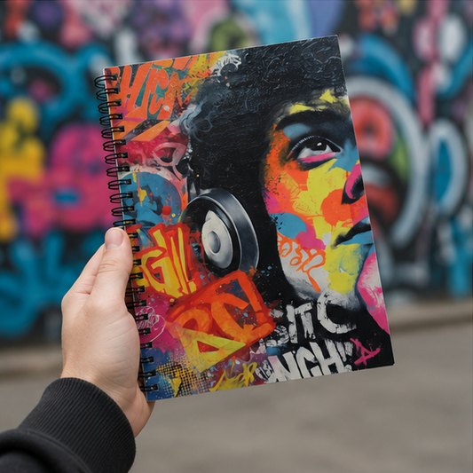 Graffiti Portrait Spiral Notebook Colorful Urban Music Journal With Headphones Cover