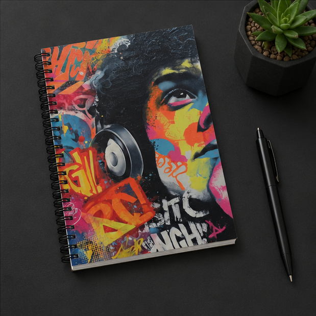 Graffiti Portrait Spiral Notebook Colorful Urban Music Journal With Headphones Cover