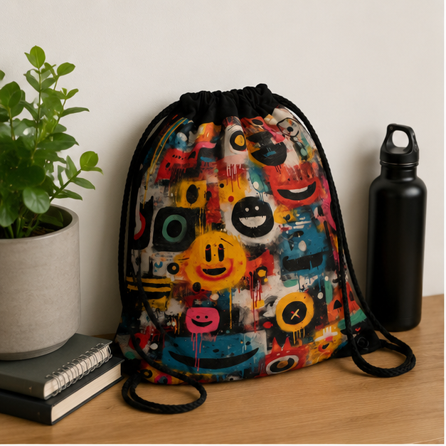 Colorful Graffiti Smiley Drawstring Bag Lightweight Street Art Style For Everyday Commute And Class