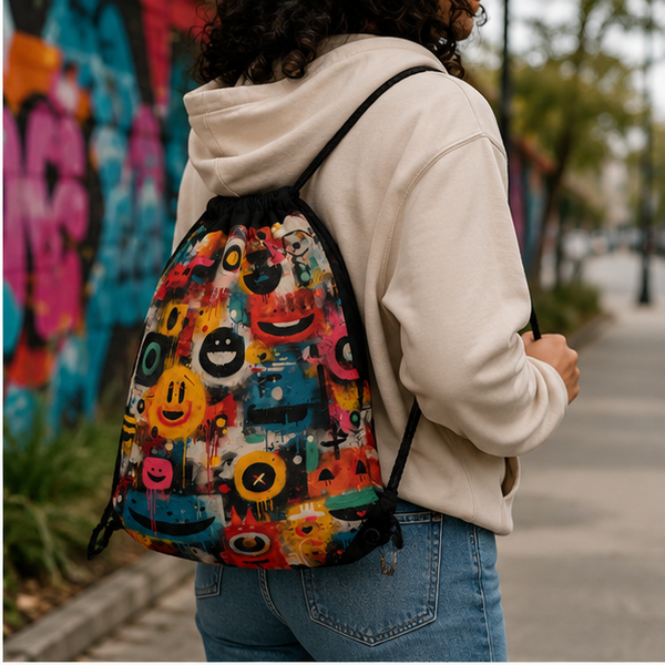 Colorful Graffiti Smiley Drawstring Bag Lightweight Street Art Style For Everyday Commute And Class