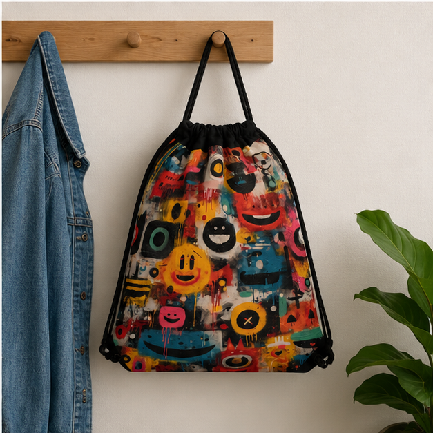 Colorful Graffiti Smiley Drawstring Bag Lightweight Street Art Style For Everyday Commute And Class