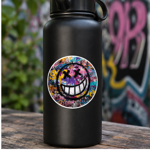 Graffiti Smile Round Sticker Colorful Street Art Vinyl Laptop And Skateboard Sticker Weatherproof Laminated