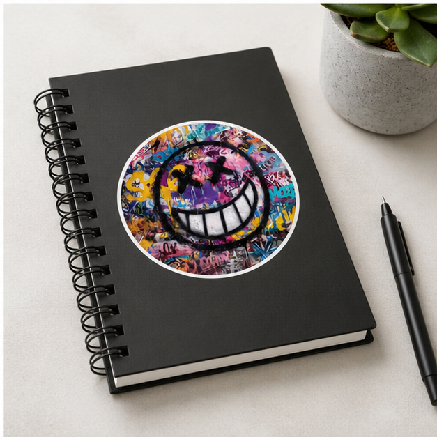 Graffiti Smile Round Sticker Colorful Street Art Vinyl Laptop And Skateboard Sticker Weatherproof Laminated