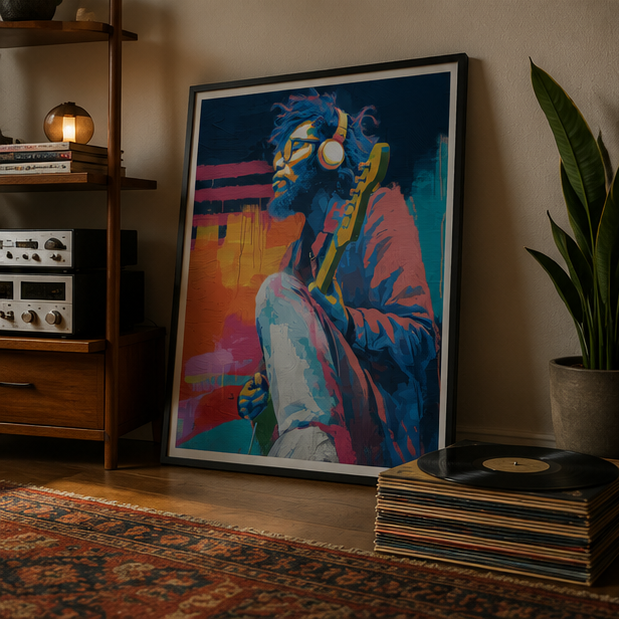 Colorful Guitarist With Headphones Matte Poster Vertical Musician Portrait Wall Art