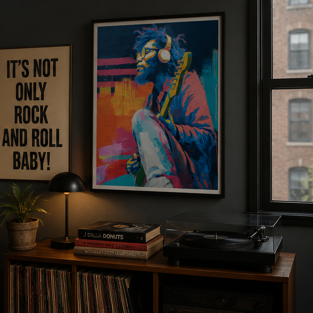 Colorful Guitarist With Headphones Matte Poster Vertical Musician Portrait Wall Art