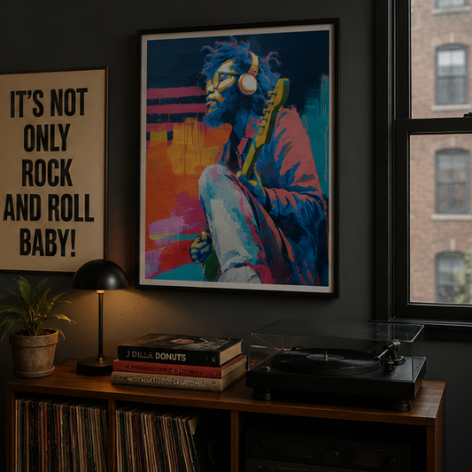 Colorful Guitarist With Headphones Matte Poster Vertical Musician Portrait Wall Art