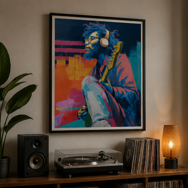 Colorful Guitarist With Headphones Matte Poster Vertical Musician Portrait Wall Art
