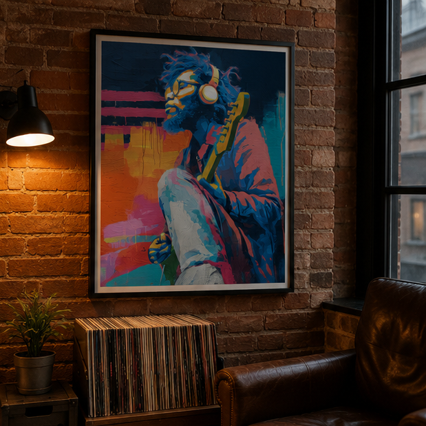 Colorful Guitarist With Headphones Matte Poster Vertical Musician Portrait Wall Art