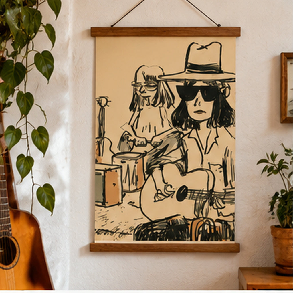 Indie Folk Band Poster, Vintage Music Wall Art, Retro Guitar Print, Musician Sketch Poster, Boho Music Decor, Matte Vertical Print