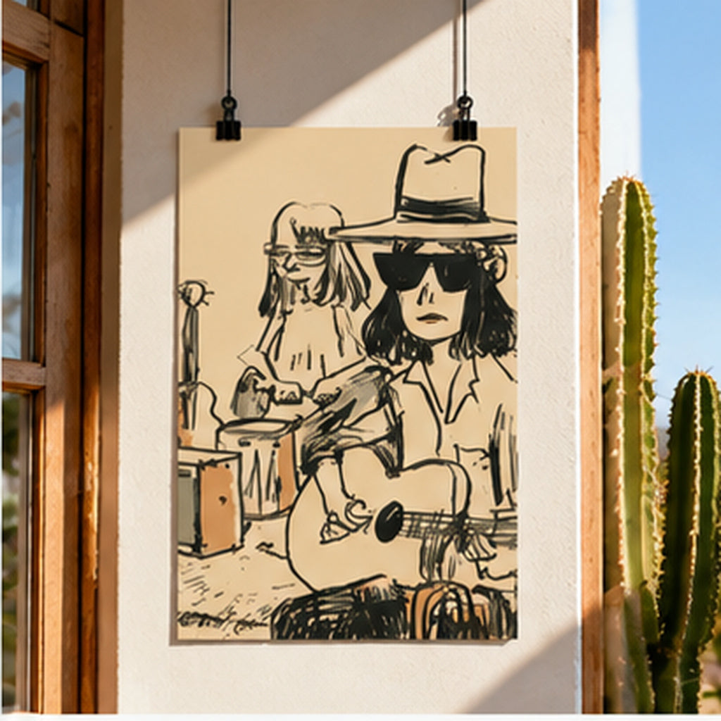 Indie Folk Band Poster, Vintage Music Wall Art, Retro Guitar Print, Musician Sketch Poster, Boho Music Decor, Matte Vertical Print