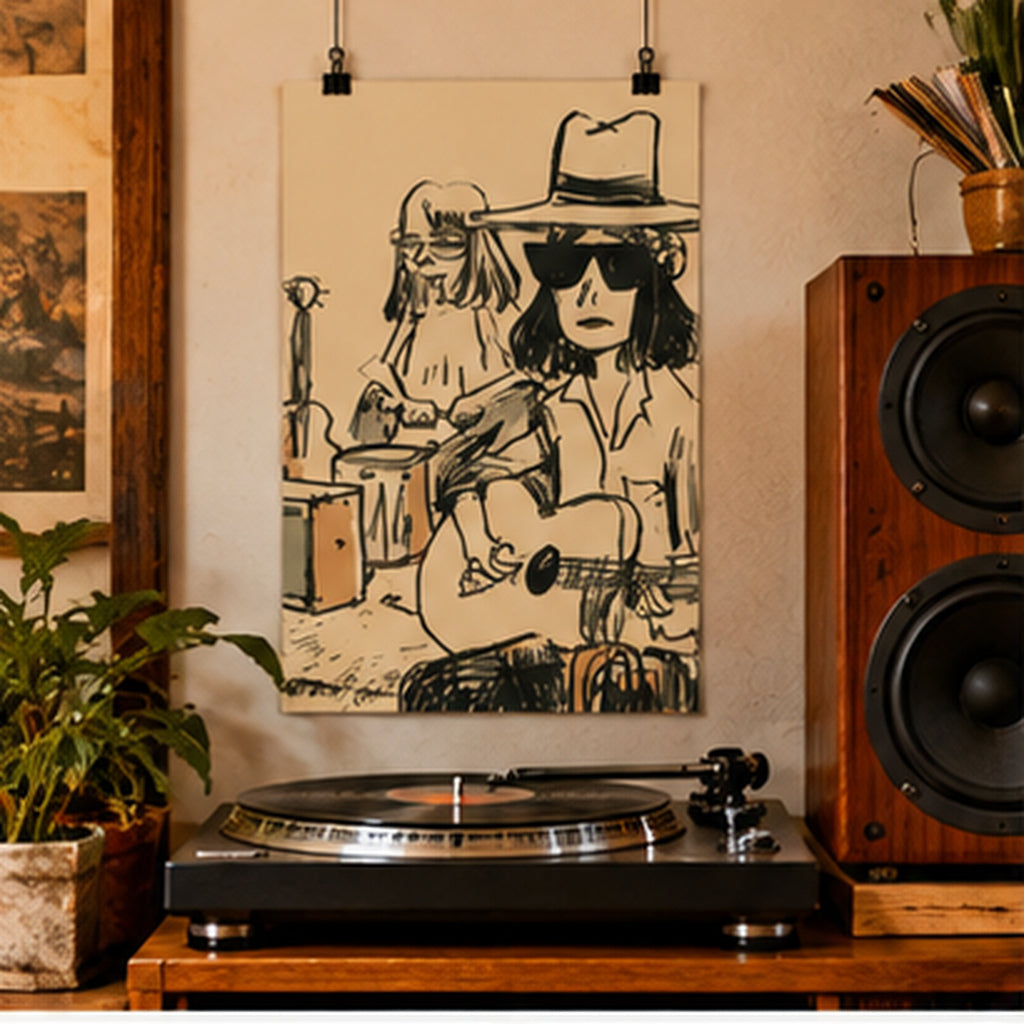 Indie Folk Band Poster, Vintage Music Wall Art, Retro Guitar Print, Musician Sketch Poster, Boho Music Decor, Matte Vertical Print