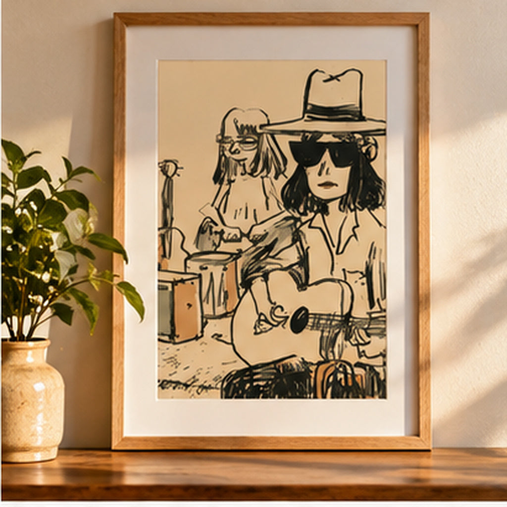 Indie Folk Band Poster, Vintage Music Wall Art, Retro Guitar Print, Musician Sketch Poster, Boho Music Decor, Matte Vertical Print