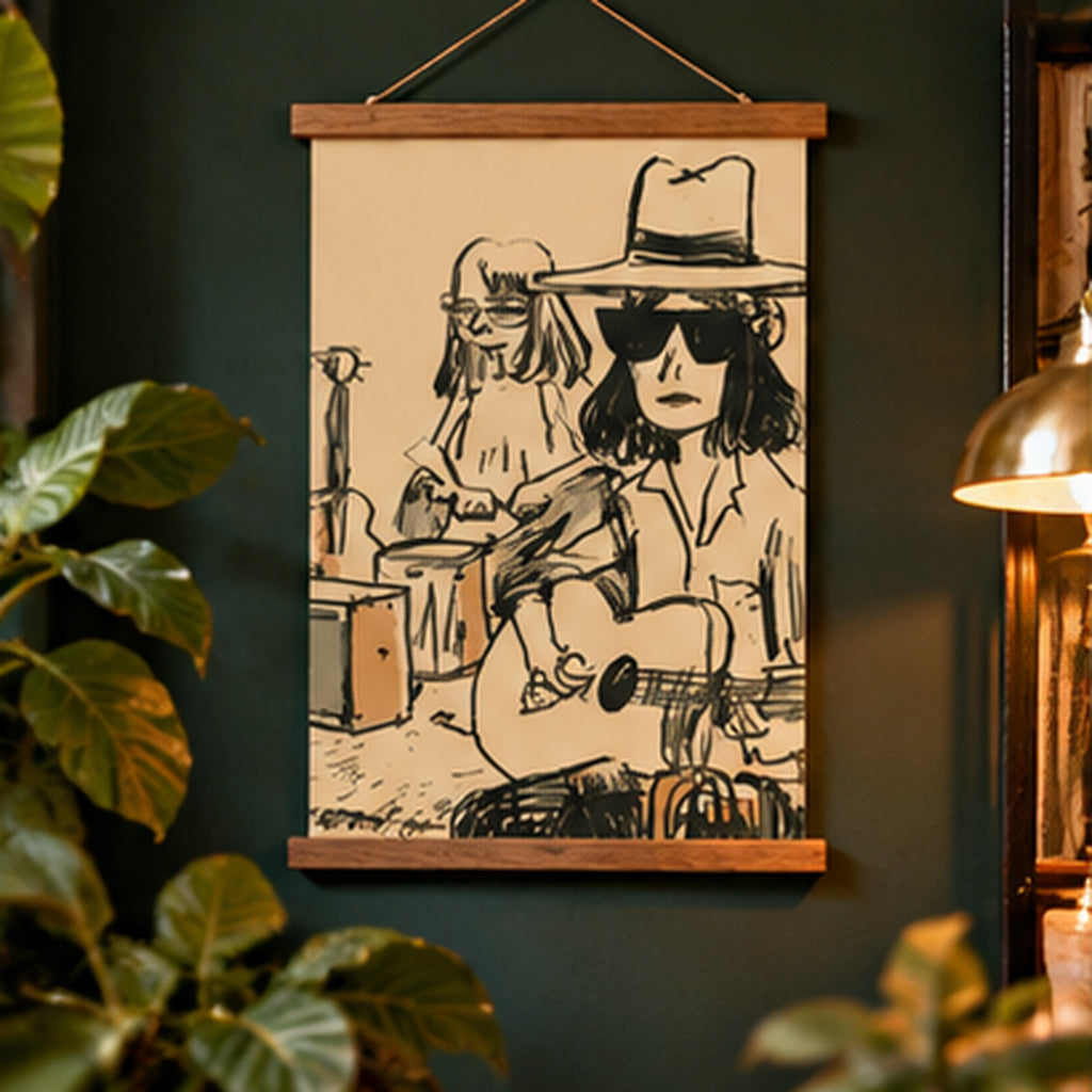 Indie Folk Band Poster, Vintage Music Wall Art, Retro Guitar Print, Musician Sketch Poster, Boho Music Decor, Matte Vertical Print