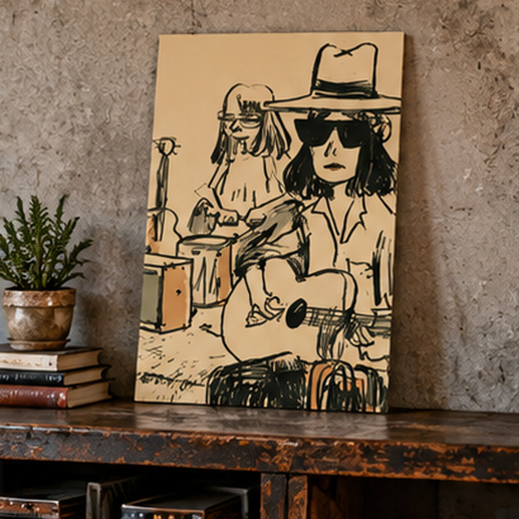 Indie Folk Band Poster, Vintage Music Wall Art, Retro Guitar Print, Musician Sketch Poster, Boho Music Decor, Matte Vertical Print