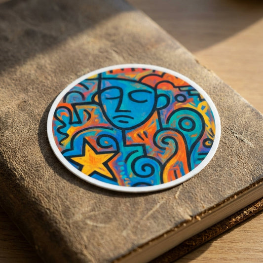 Close-up of vibrant abstract urban art round sticker showcasing detailed face and star design with micro-texture.