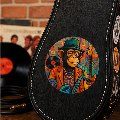 Retro Jazz Ape Round Vinyl Sticker Featuring Sax Playing Chimp With Colorful Records Graffiti Art