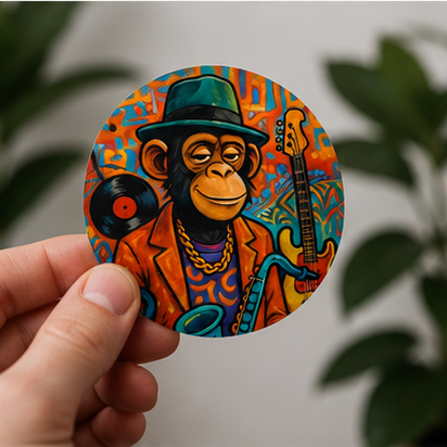 Retro Jazz Ape Round Vinyl Sticker Featuring Sax Playing Chimp With Colorful Records Graffiti Art