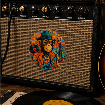 Retro Jazz Ape Round Vinyl Sticker Featuring Sax Playing Chimp With Colorful Records Graffiti Art