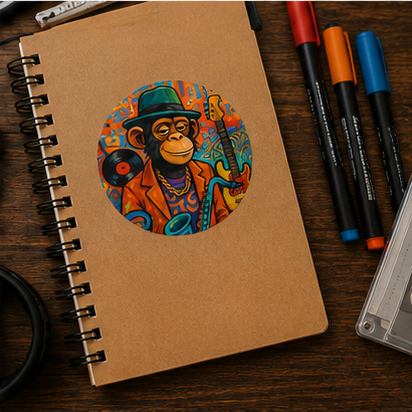 Retro Jazz Ape Round Vinyl Sticker Featuring Sax Playing Chimp With Colorful Records Graffiti Art