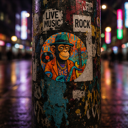 Retro Jazz Ape Round Vinyl Sticker Featuring Sax Playing Chimp With Colorful Records Graffiti Art