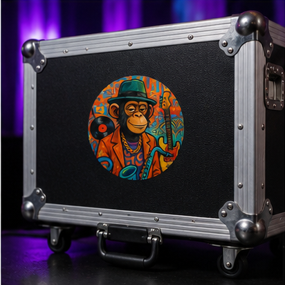 Retro Jazz Ape Round Vinyl Sticker Featuring Sax Playing Chimp With Colorful Records Graffiti Art