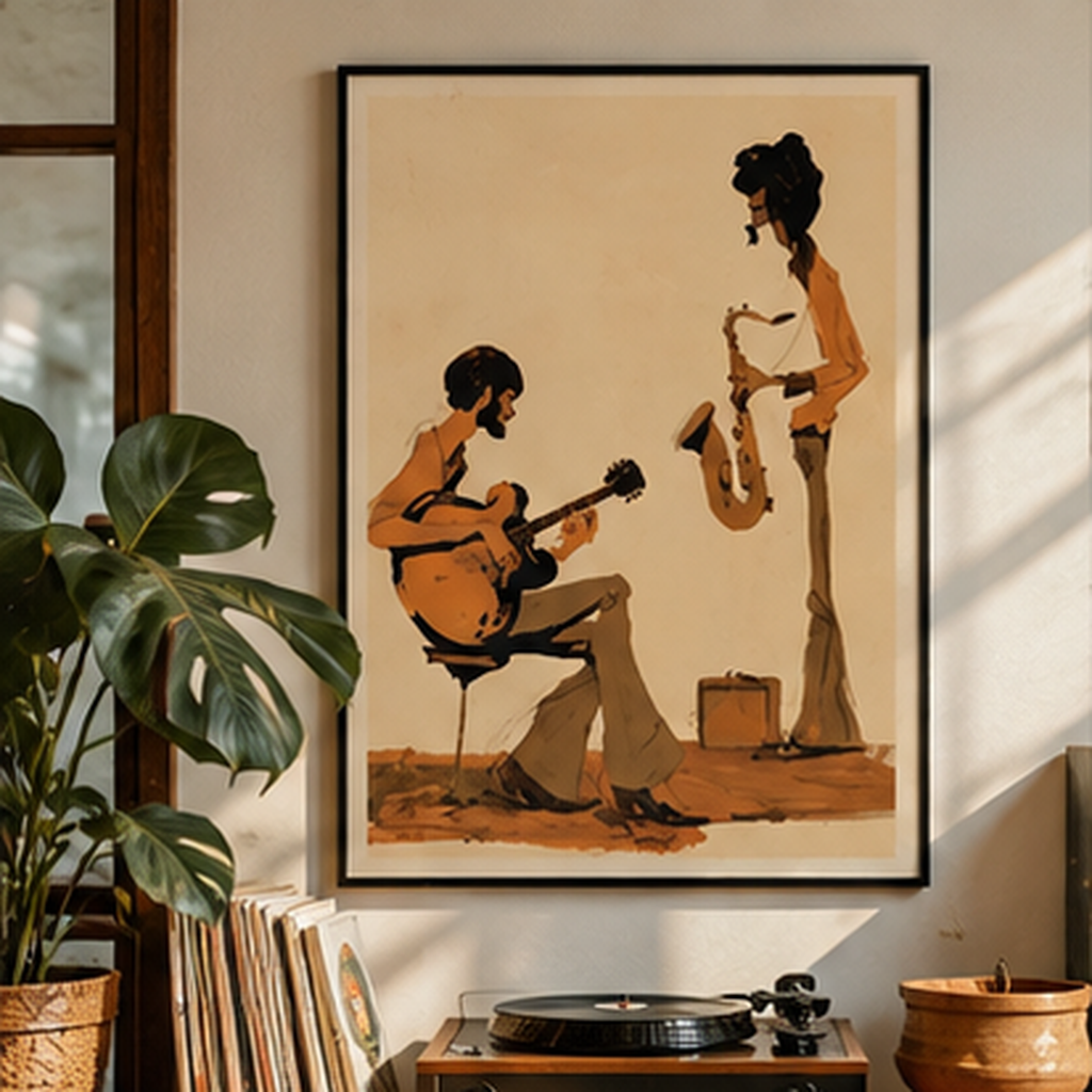 Jazz Duo Matte Poster, Vintage Guitar & Saxophone Wall Art, Retro Jazz Print, 70s Music Room Decor, Musician Gift