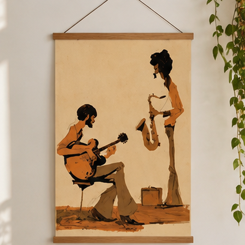 Jazz Duo Matte Poster, Vintage Guitar & Saxophone Wall Art, Retro Jazz Print, 70s Music Room Decor, Musician Gift