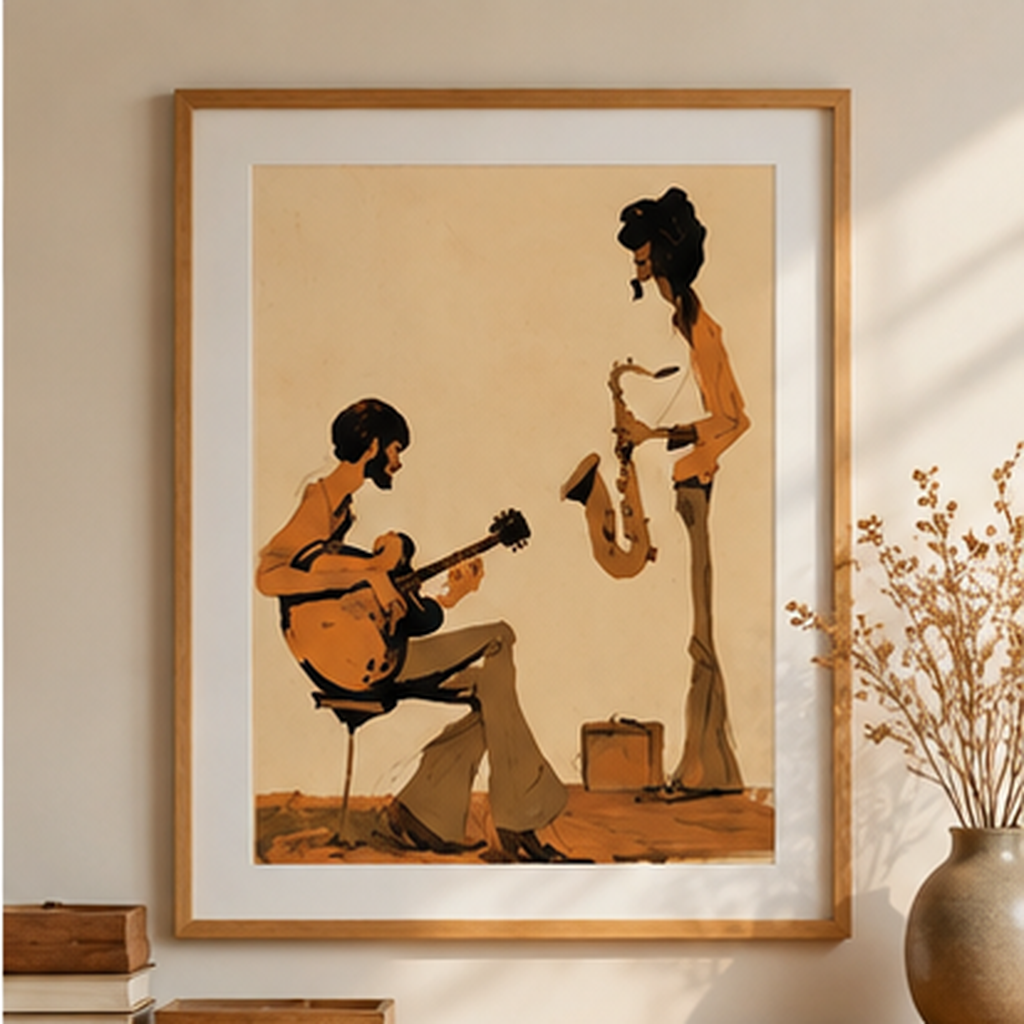 Jazz Duo Matte Poster, Vintage Guitar & Saxophone Wall Art, Retro Jazz Print, 70s Music Room Decor, Musician Gift