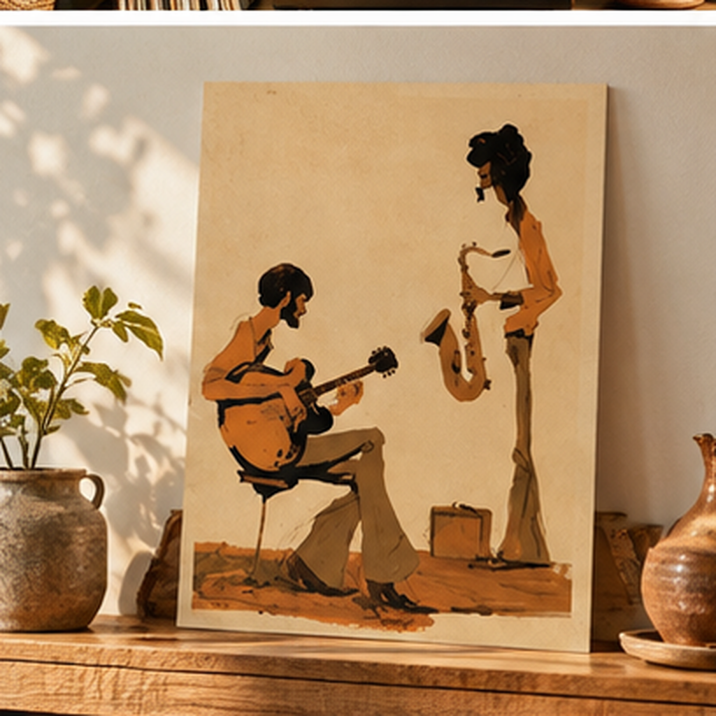 Jazz Duo Matte Poster, Vintage Guitar & Saxophone Wall Art, Retro Jazz Print, 70s Music Room Decor, Musician Gift