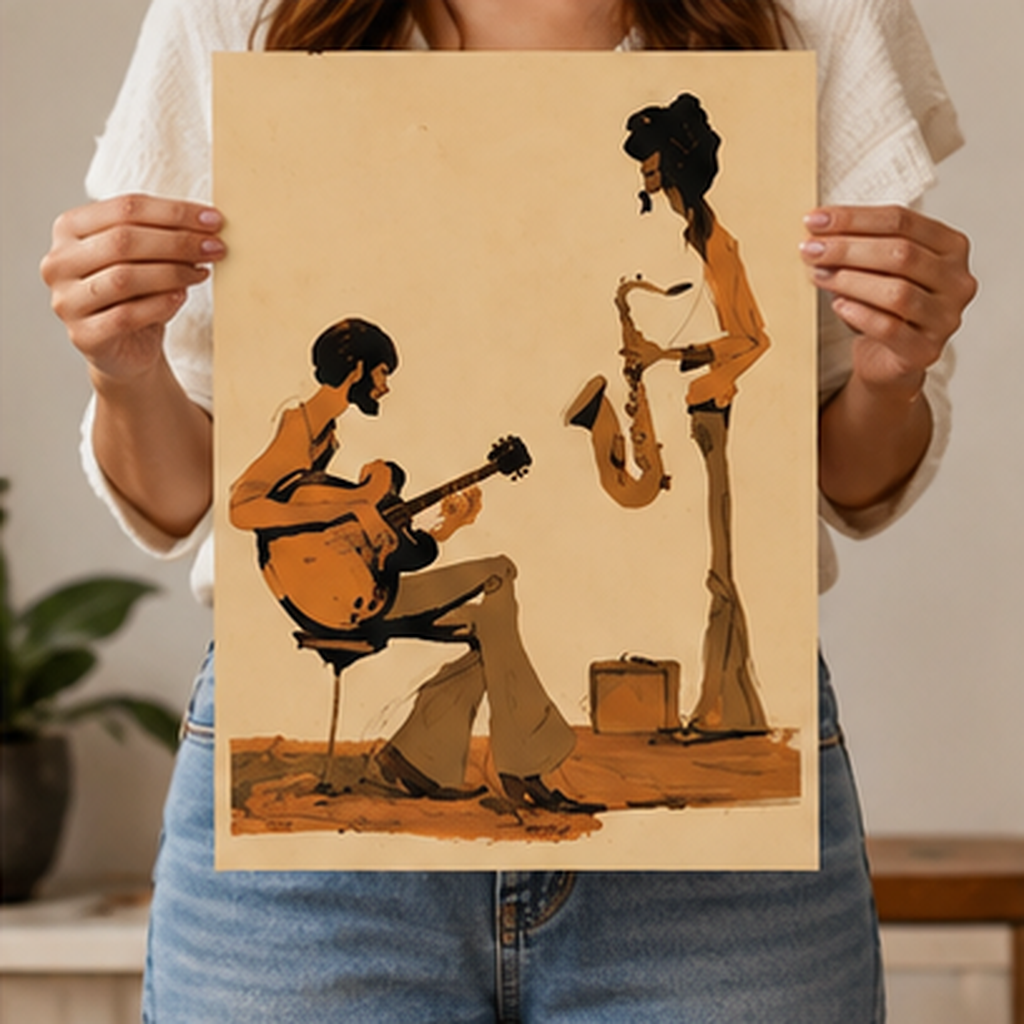 Jazz Duo Matte Poster, Vintage Guitar & Saxophone Wall Art, Retro Jazz Print, 70s Music Room Decor, Musician Gift