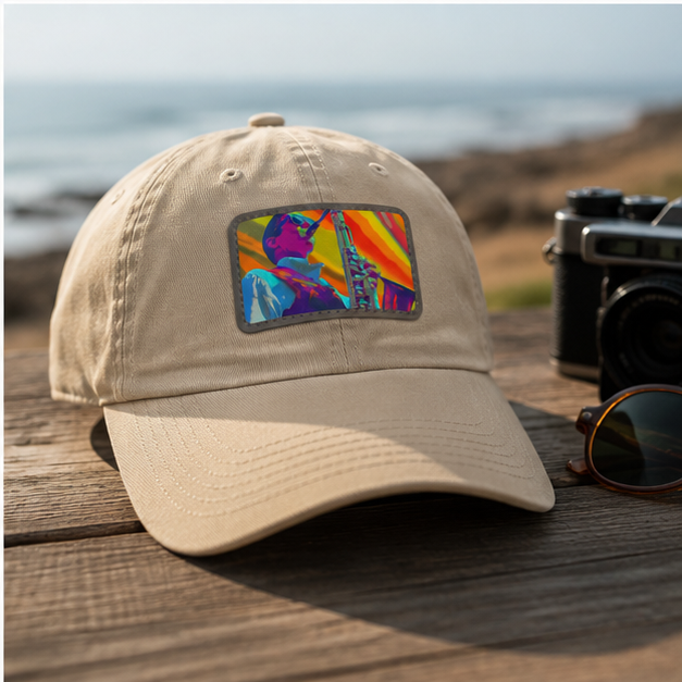 Retro Jazz Saxophone Dad Hat With Leather Patch Cap And Antique Brass Buckle Closure