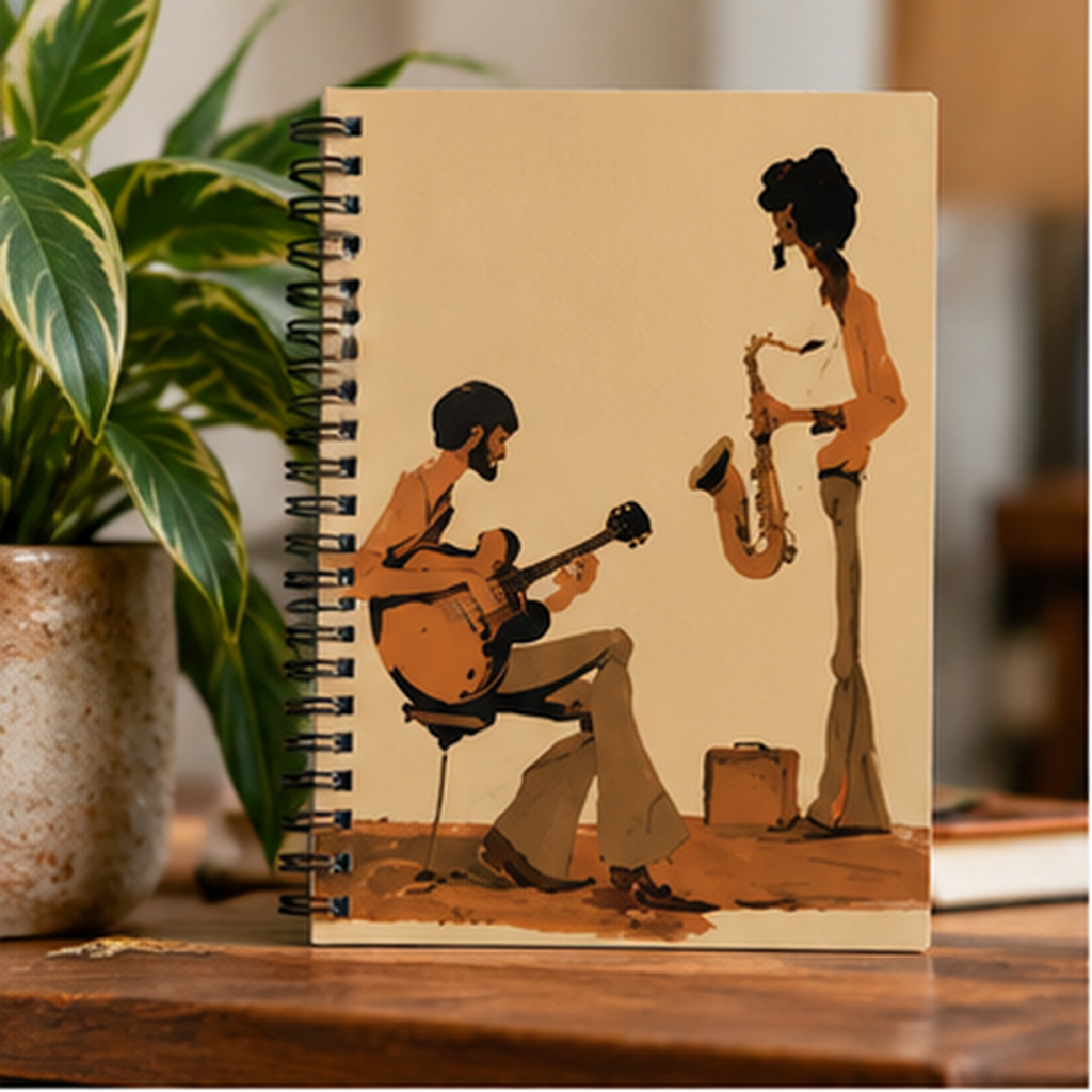 Jazz Musicians Spiral Notebook, Vintage Guitar & Saxophone Journal, Retro 70s Music Notebook, Jazz Lover Gift, Musician Journal