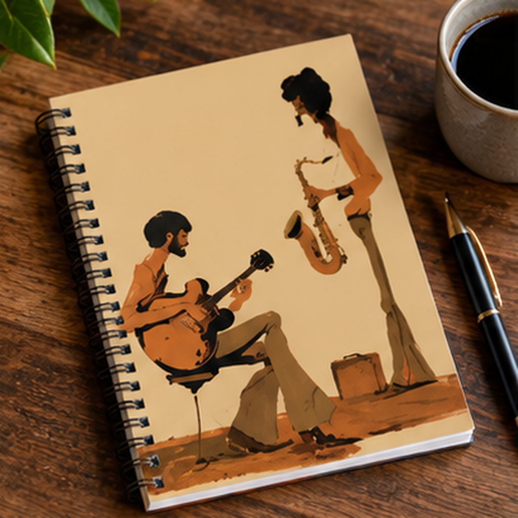 Jazz Musicians Spiral Notebook, Vintage Guitar & Saxophone Journal, Retro 70s Music Notebook, Jazz Lover Gift, Musician Journal