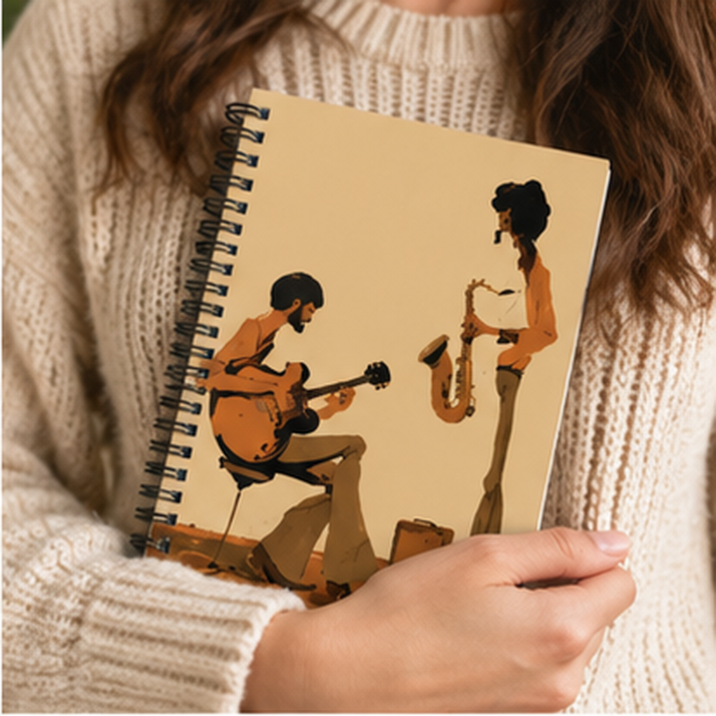 Jazz Musicians Spiral Notebook, Vintage Guitar & Saxophone Journal, Retro 70s Music Notebook, Jazz Lover Gift, Musician Journal