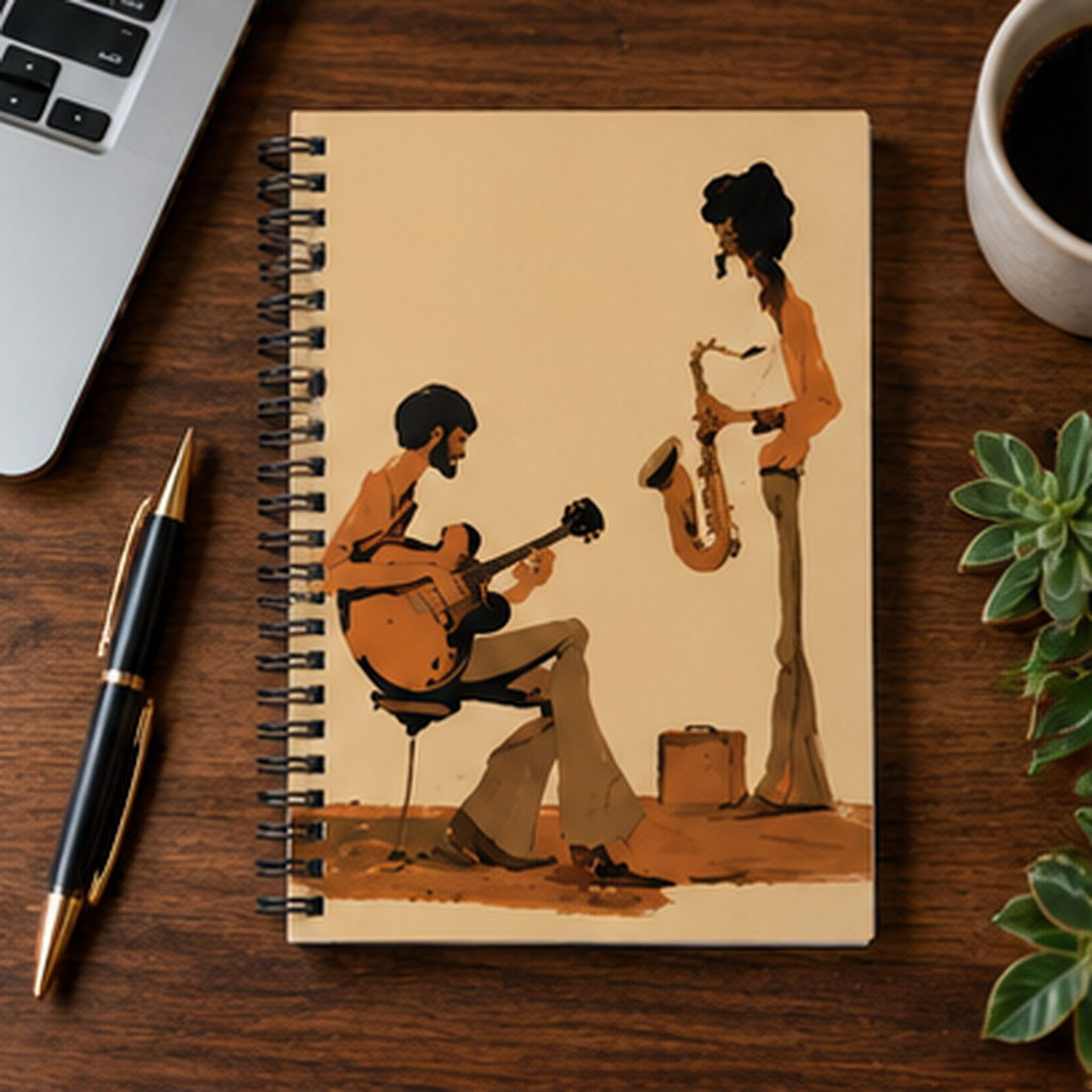 Jazz Musicians Spiral Notebook, Vintage Guitar & Saxophone Journal, Retro 70s Music Notebook, Jazz Lover Gift, Musician Journal