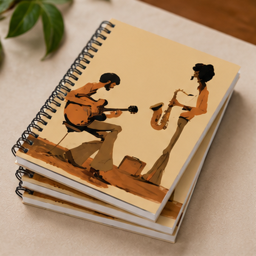 Jazz Musicians Spiral Notebook, Vintage Guitar & Saxophone Journal, Retro 70s Music Notebook, Jazz Lover Gift, Musician Journal