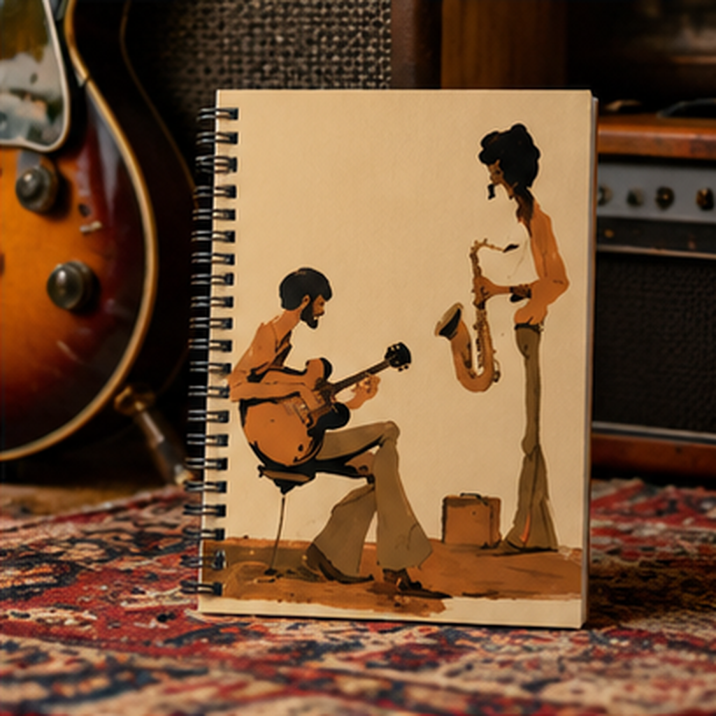 Jazz Musicians Spiral Notebook, Vintage Guitar & Saxophone Journal, Retro 70s Music Notebook, Jazz Lover Gift, Musician Journal
