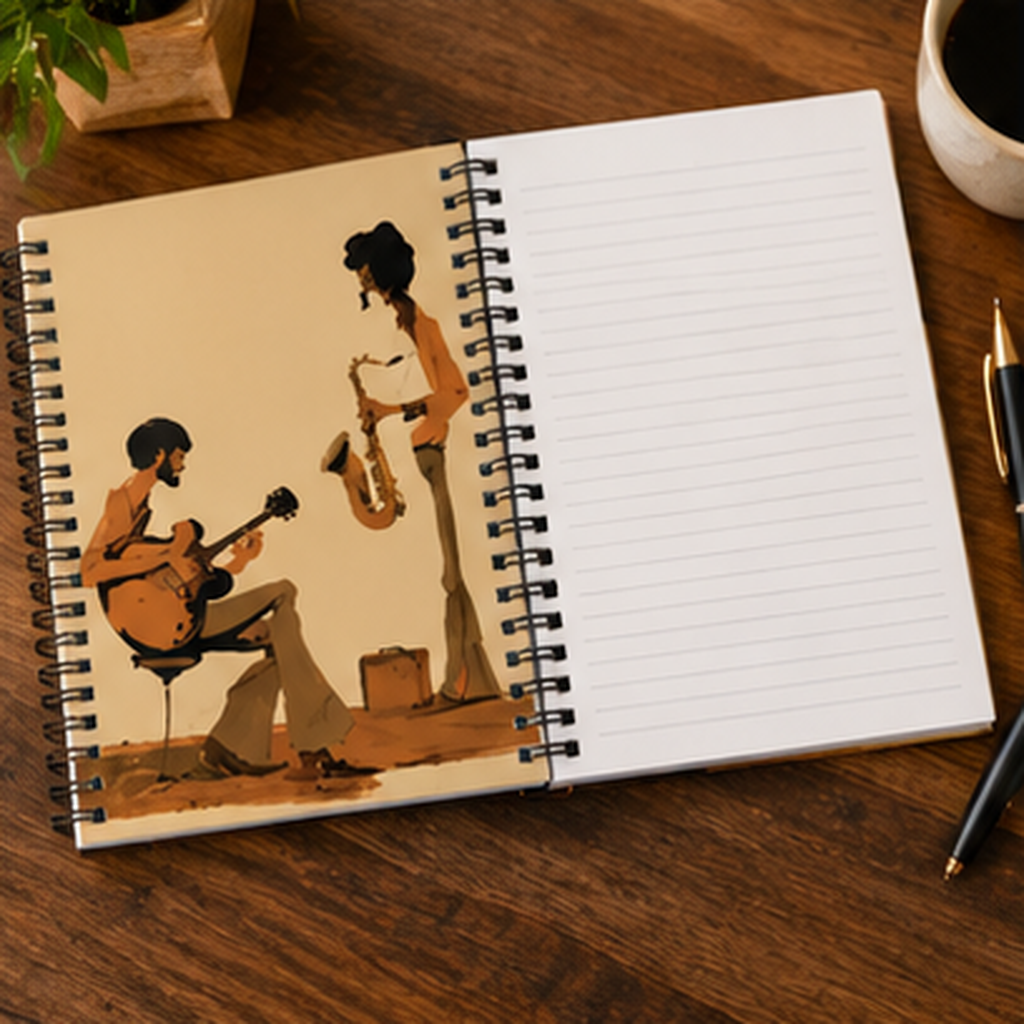Jazz Musicians Spiral Notebook, Vintage Guitar & Saxophone Journal, Retro 70s Music Notebook, Jazz Lover Gift, Musician Journal