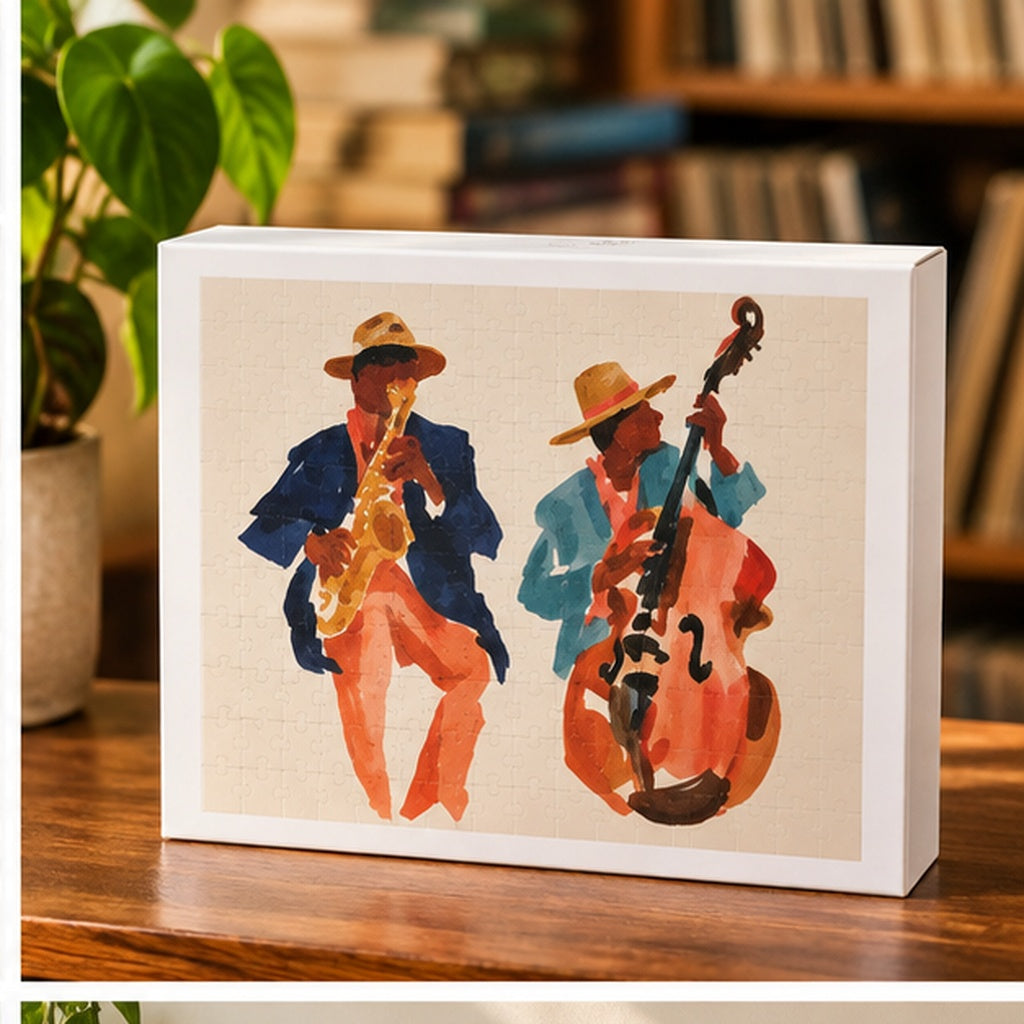 Jazz Musicians Jigsaw Puzzle – Watercolor Saxophone & Double Bass Art – Vintage Jazz Puzzle – Music Lover Gift